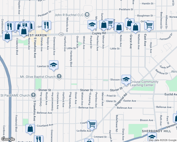 map of restaurants, bars, coffee shops, grocery stores, and more near 934 Packard Drive in Akron