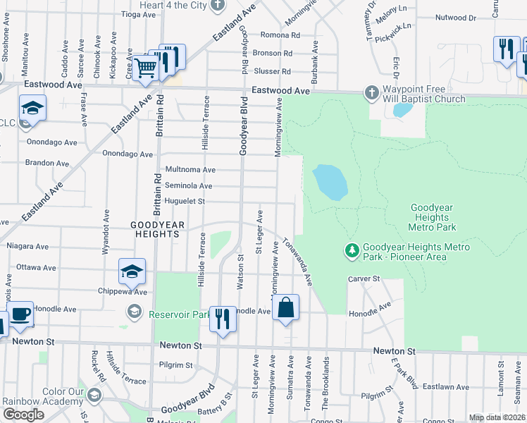 map of restaurants, bars, coffee shops, grocery stores, and more near 611 Saint Leger Avenue in Akron