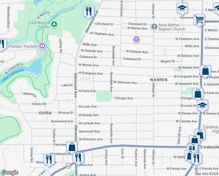 map of restaurants, bars, coffee shops, grocery stores, and more near 2127 Rosedale Avenue in Youngstown