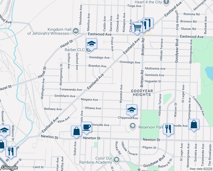 map of restaurants, bars, coffee shops, grocery stores, and more near 1342 Arnold Avenue in Akron