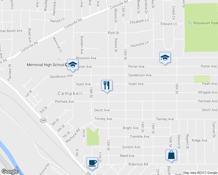 map of restaurants, bars, coffee shops, grocery stores, and more near 307 12th Street in Campbell
