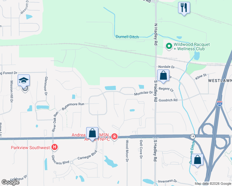 map of restaurants, bars, coffee shops, grocery stores, and more near 501 Tattersholl Ct in Fort Wayne