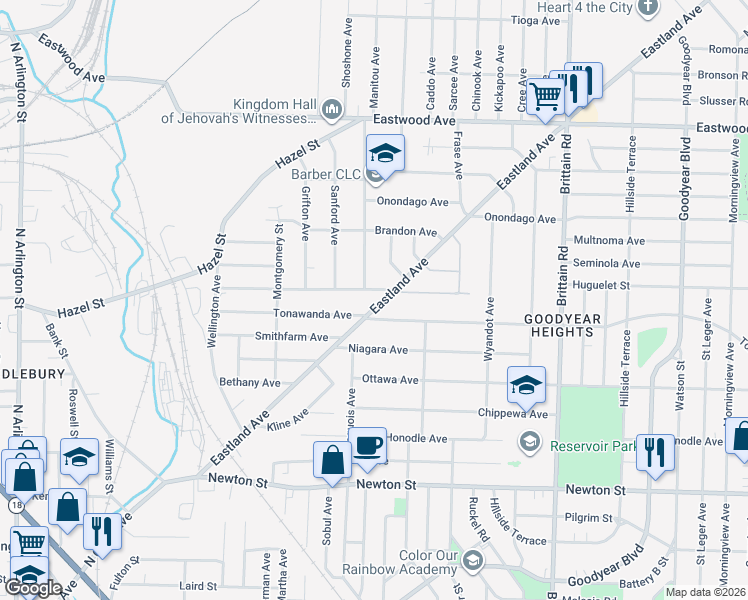 map of restaurants, bars, coffee shops, grocery stores, and more near 480 Eastland Avenue in Akron