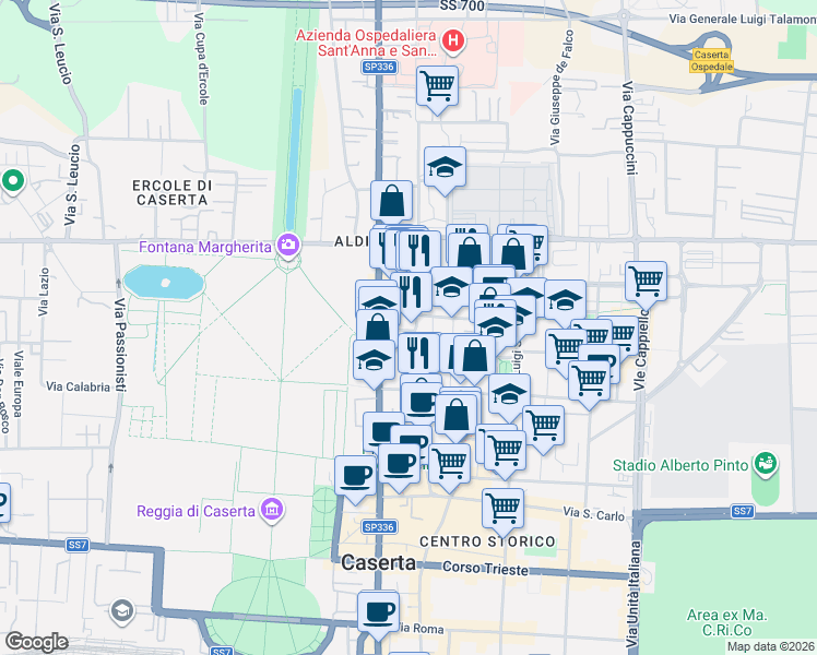 map of restaurants, bars, coffee shops, grocery stores, and more near 58 Via Sant'Antonio da Padova in Caserta