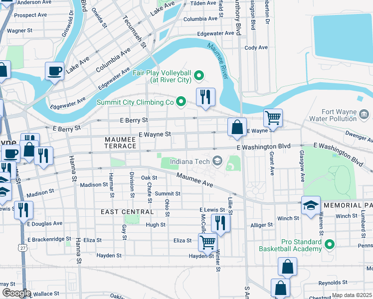 map of restaurants, bars, coffee shops, grocery stores, and more near 1400 East Washington Boulevard in Fort Wayne