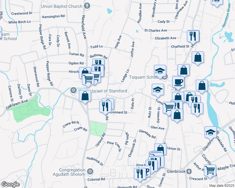 map of restaurants, bars, coffee shops, grocery stores, and more near 181 Toms Road in Stamford