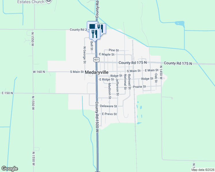 map of restaurants, bars, coffee shops, grocery stores, and more near 211 South Madison Street in Medaryville