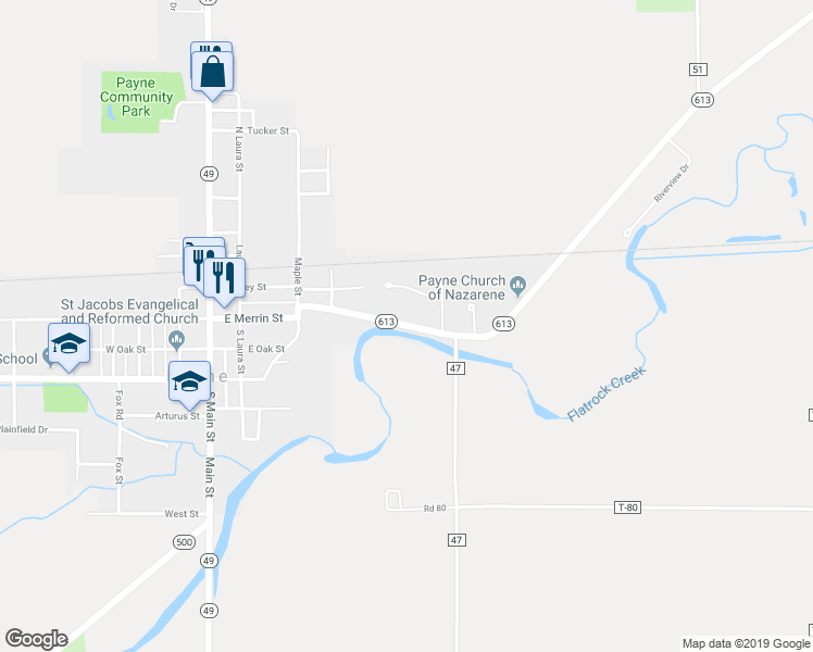 map of restaurants, bars, coffee shops, grocery stores, and more near 300 Orchard Street in Payne