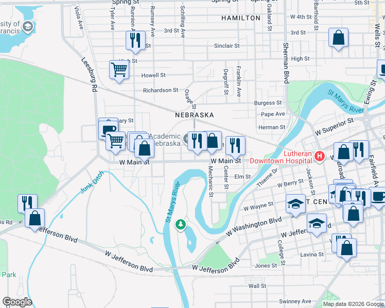 map of restaurants, bars, coffee shops, grocery stores, and more near 615 Osage Street in Fort Wayne