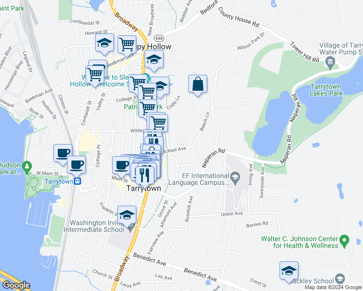map of restaurants, bars, coffee shops, grocery stores, and more near 1 Sunhaven Court in Tarrytown