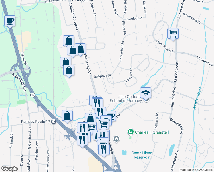 map of restaurants, bars, coffee shops, grocery stores, and more near 215 Indian Hollow Court in Mahwah