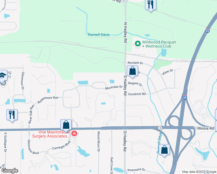 map of restaurants, bars, coffee shops, grocery stores, and more near 7402 Glen Gelder Circle West in Fort Wayne