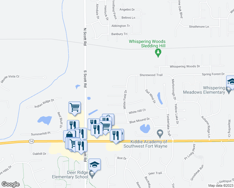 map of restaurants, bars, coffee shops, grocery stores, and more near 9826 Flag Stone Place in Fort Wayne