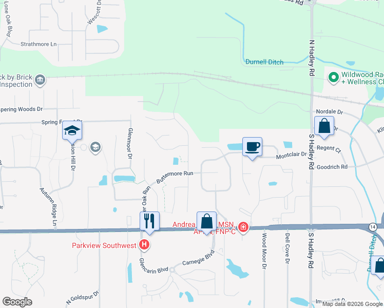 map of restaurants, bars, coffee shops, grocery stores, and more near 509 Deer Cliff Run in Fort Wayne