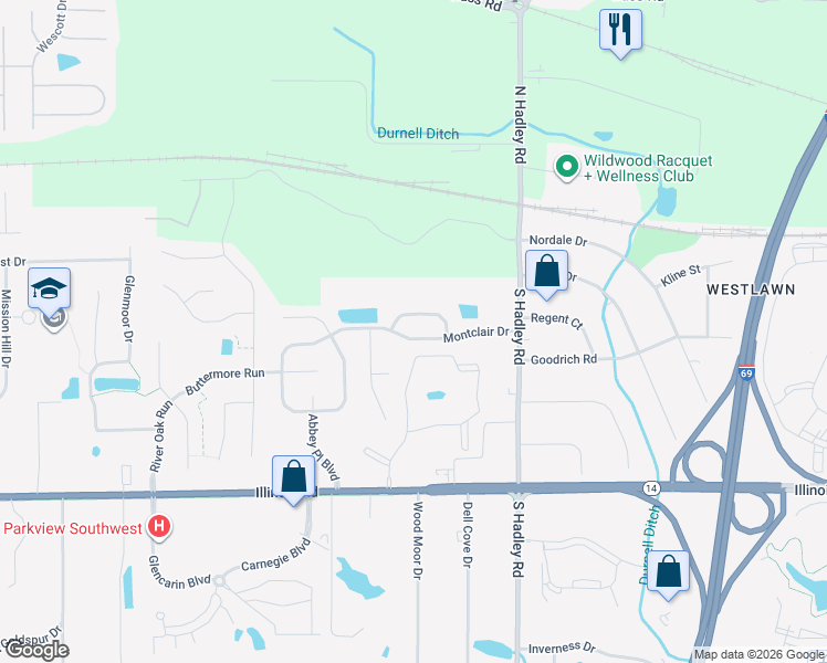 map of restaurants, bars, coffee shops, grocery stores, and more near 7436 Montclair Dr in Fort Wayne