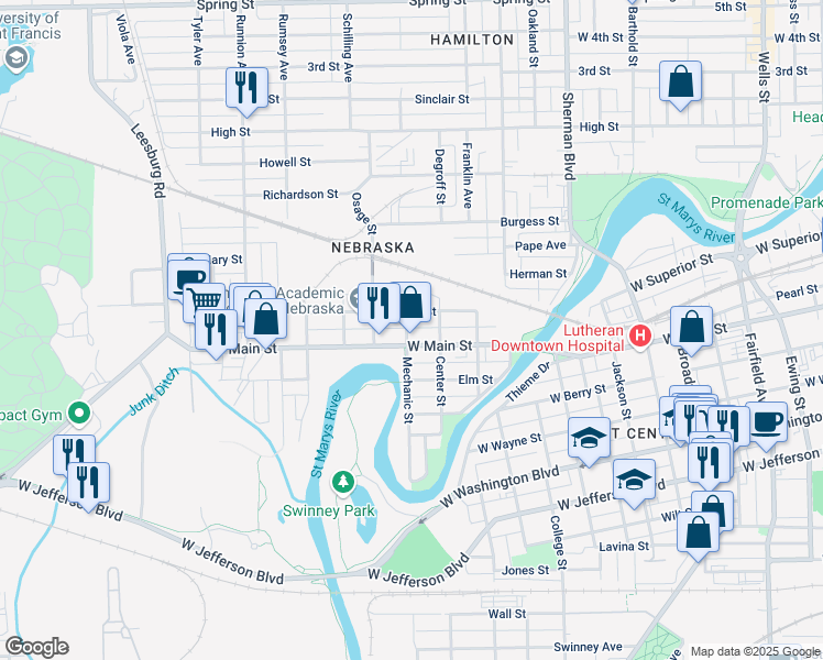 map of restaurants, bars, coffee shops, grocery stores, and more near 616 Mechanic Street in Fort Wayne