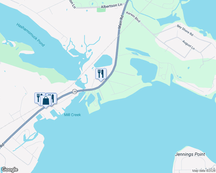 map of restaurants, bars, coffee shops, grocery stores, and more near 240 Dolphin Drive in Southold