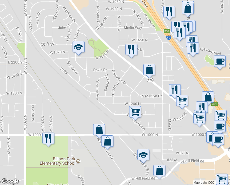 map of restaurants, bars, coffee shops, grocery stores, and more near 1318 North 1540 West in Layton