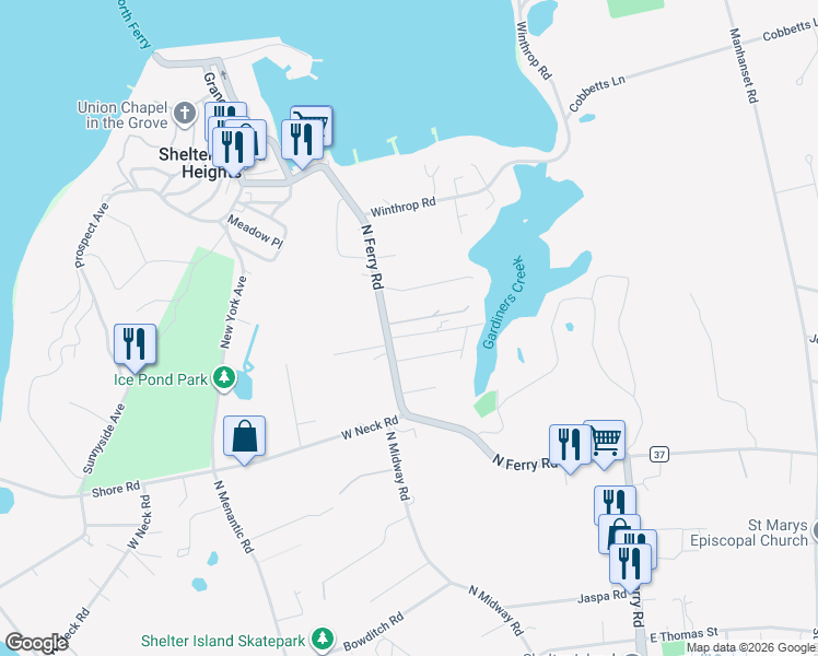 map of restaurants, bars, coffee shops, grocery stores, and more near 142Q North Ferry Road in Shelter Island