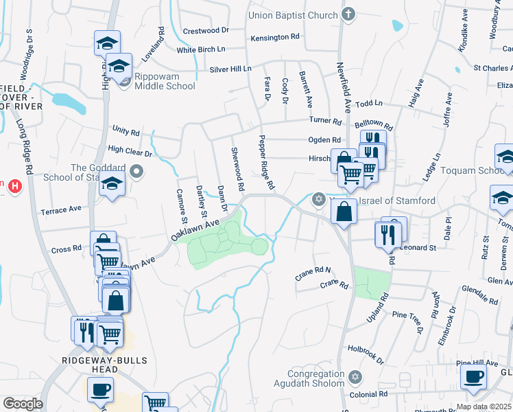 map of restaurants, bars, coffee shops, grocery stores, and more near 14 Vanech Drive in Stamford