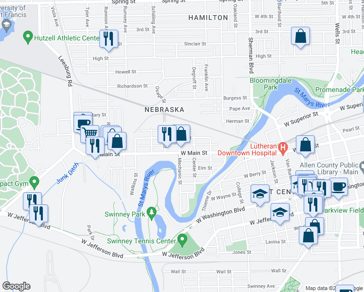 map of restaurants, bars, coffee shops, grocery stores, and more near 616 Mechanic Street in Fort Wayne
