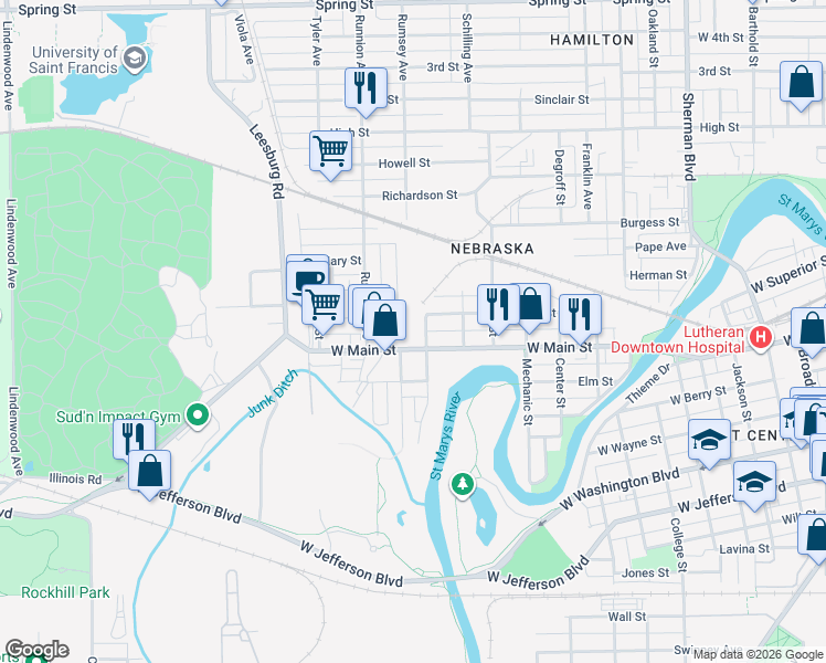 map of restaurants, bars, coffee shops, grocery stores, and more near 1714 West Main Street in Fort Wayne