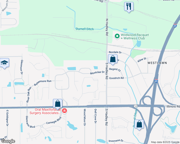 map of restaurants, bars, coffee shops, grocery stores, and more near 7402 Glen Gelder Circle West in Fort Wayne