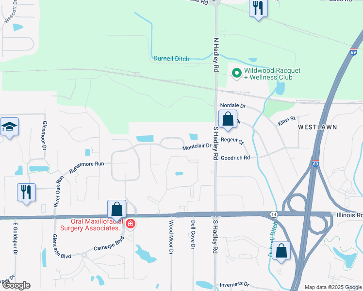 map of restaurants, bars, coffee shops, grocery stores, and more near 7402 Glen Gelder Circle West in Fort Wayne