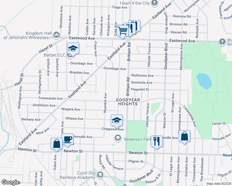 map of restaurants, bars, coffee shops, grocery stores, and more near 608 Mohawk Avenue in Akron