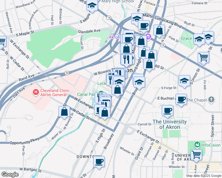 map of restaurants, bars, coffee shops, grocery stores, and more near in Akron