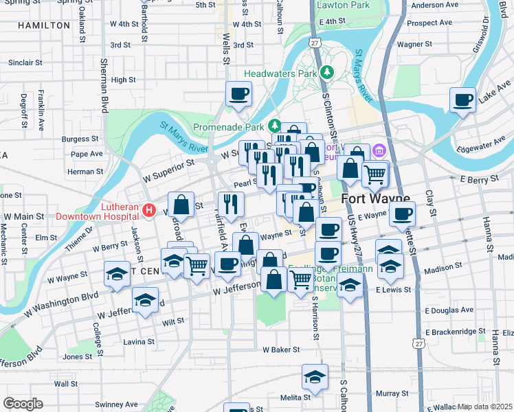 map of restaurants, bars, coffee shops, grocery stores, and more near 300 West Berry Street in Fort Wayne