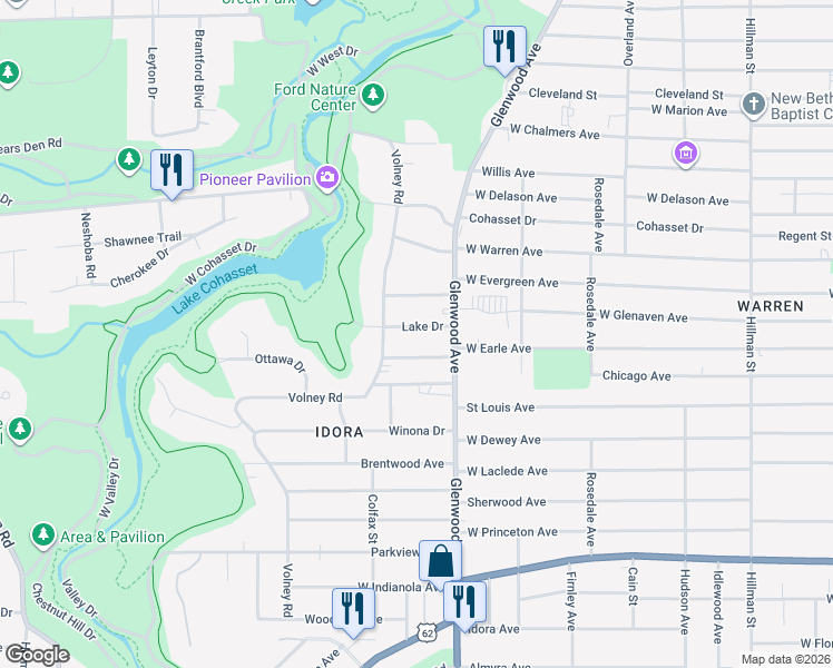map of restaurants, bars, coffee shops, grocery stores, and more near 755 Lake Drive in Youngstown