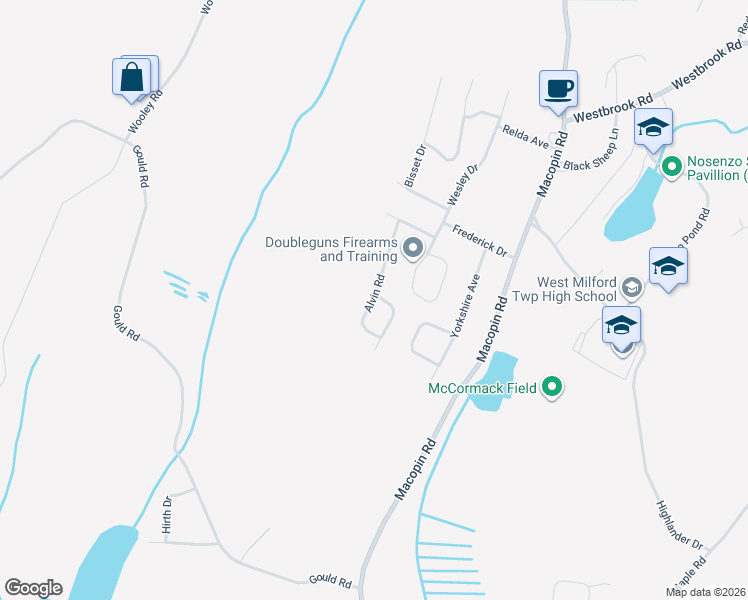 map of restaurants, bars, coffee shops, grocery stores, and more near 41 Alvin Road in West Milford