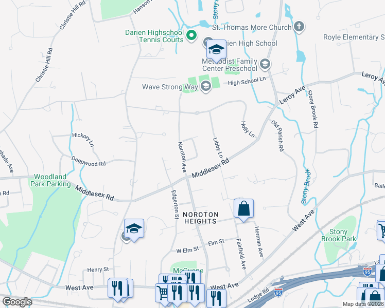 map of restaurants, bars, coffee shops, grocery stores, and more near 8 Revere Road in Darien