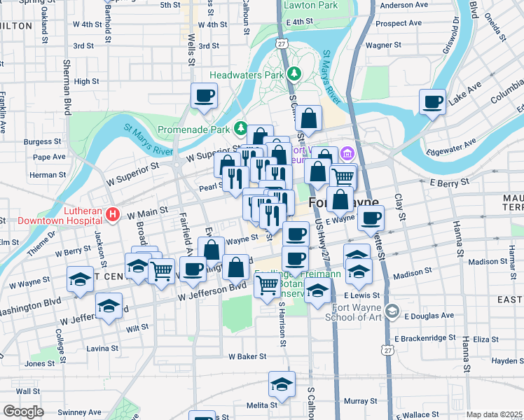map of restaurants, bars, coffee shops, grocery stores, and more near 818 Harrison Street in Fort Wayne