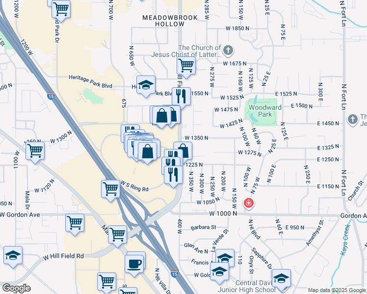 map of restaurants, bars, coffee shops, grocery stores, and more near 1332 Utah 232 in Layton