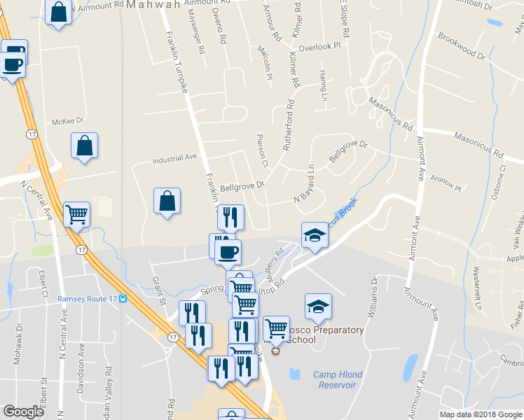 map of restaurants, bars, coffee shops, grocery stores, and more near 145 Indian Hollow Court in Mahwah
