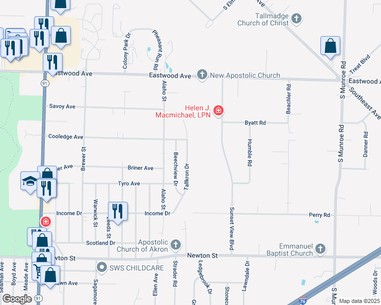 map of restaurants, bars, coffee shops, grocery stores, and more near 747 Tallkron Drive in Akron
