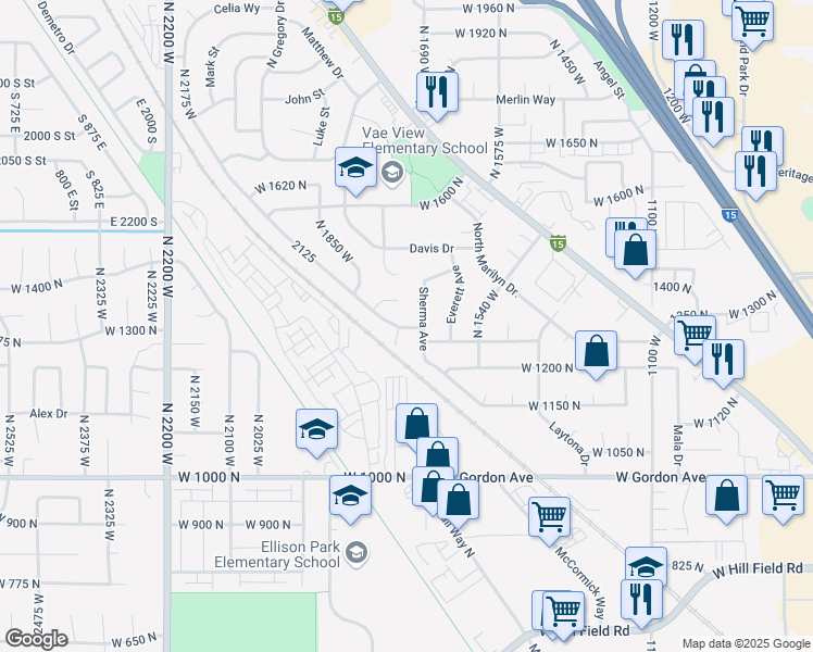 map of restaurants, bars, coffee shops, grocery stores, and more near 1346 West 1300 North in Layton