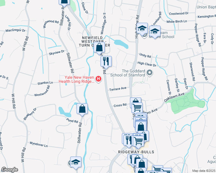 map of restaurants, bars, coffee shops, grocery stores, and more near 260 Long Ridge Road in Stamford