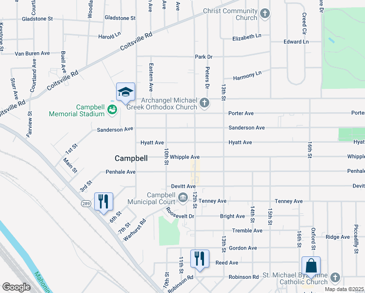 map of restaurants, bars, coffee shops, grocery stores, and more near 342 Whipple Avenue in Campbell