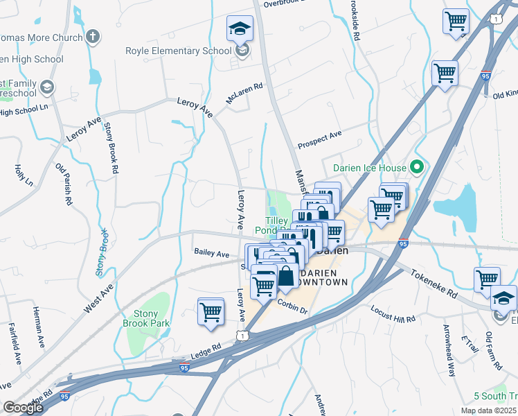map of restaurants, bars, coffee shops, grocery stores, and more near 19 Lakeside Avenue in Darien