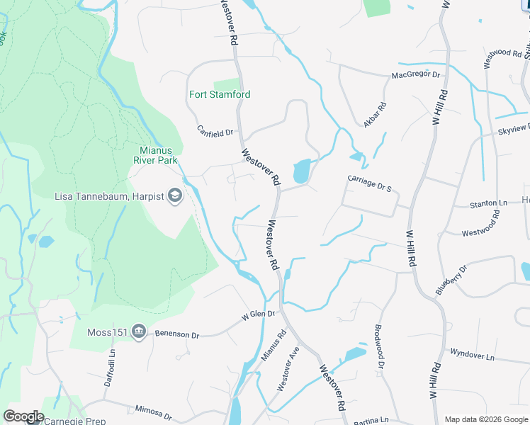 map of restaurants, bars, coffee shops, grocery stores, and more near 702 Westover Road in Stamford