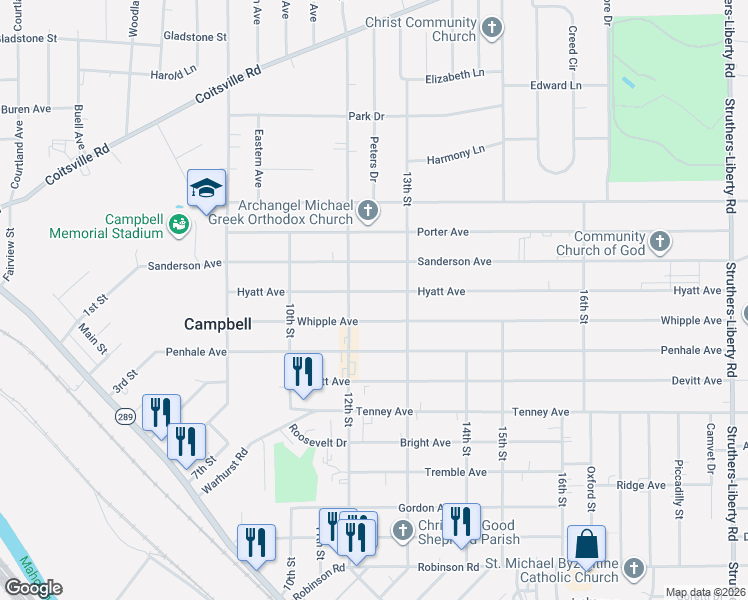 map of restaurants, bars, coffee shops, grocery stores, and more near 421 Hyatt Avenue in Campbell
