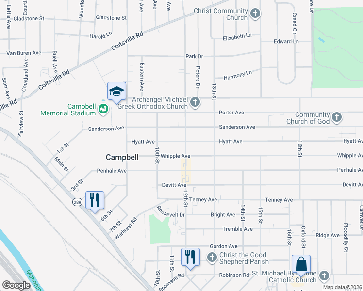 map of restaurants, bars, coffee shops, grocery stores, and more near 307 12th Street in Campbell