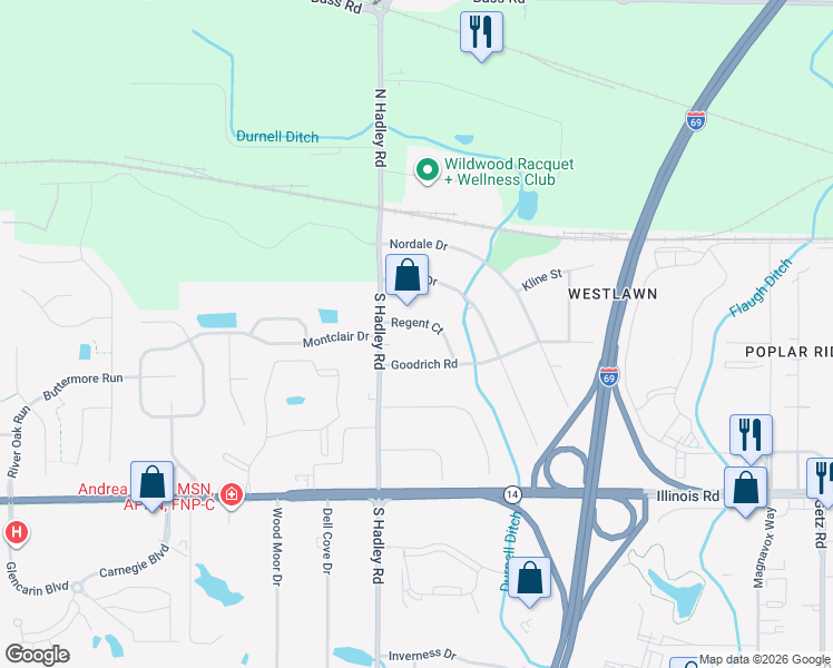 map of restaurants, bars, coffee shops, grocery stores, and more near 6903 Regent Court in Fort Wayne