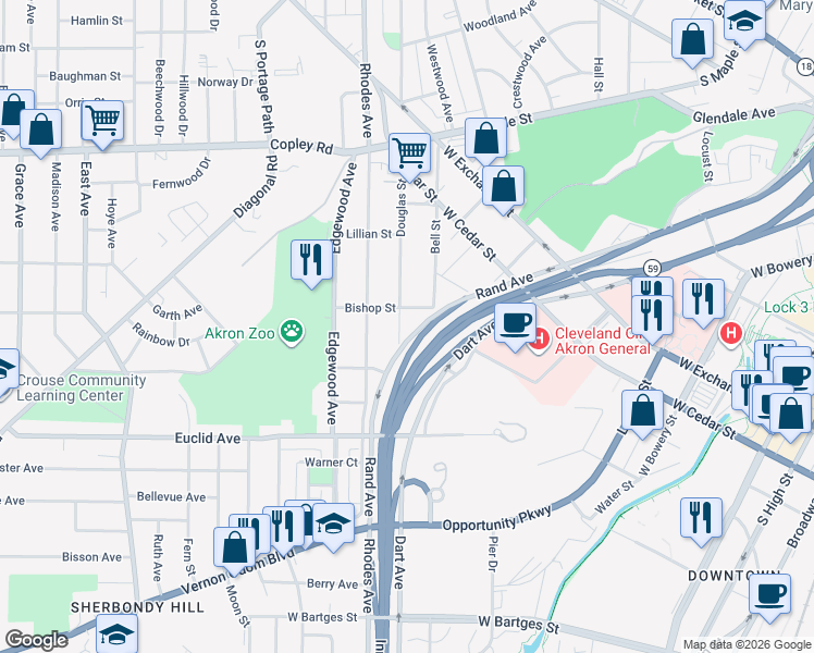 map of restaurants, bars, coffee shops, grocery stores, and more near 541 Douglas Street in Akron