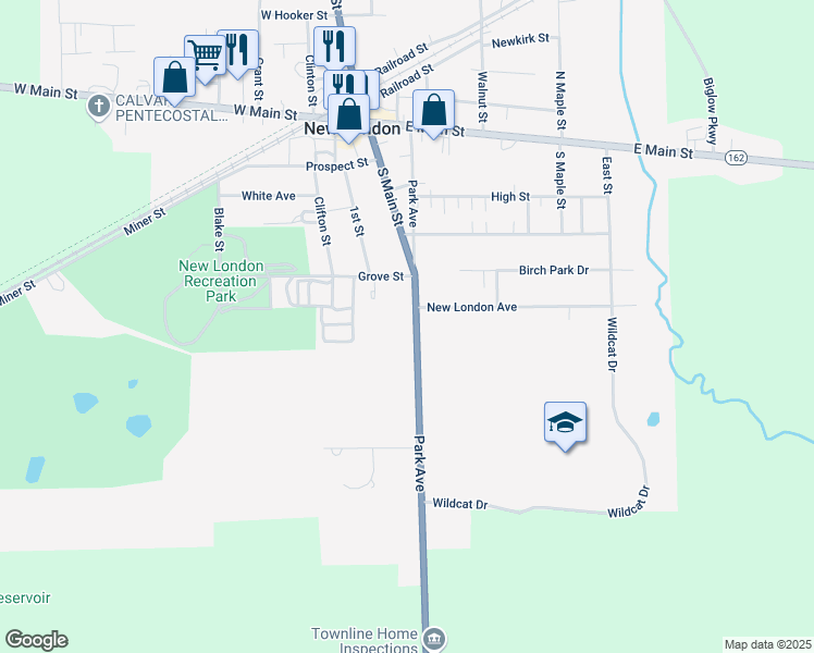 map of restaurants, bars, coffee shops, grocery stores, and more near 132 Park Avenue in New London