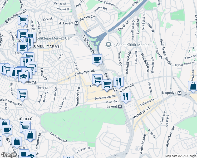 map of restaurants, bars, coffee shops, grocery stores, and more near Yüzbaşı Kaya Aldogan Sokak in İstanbul