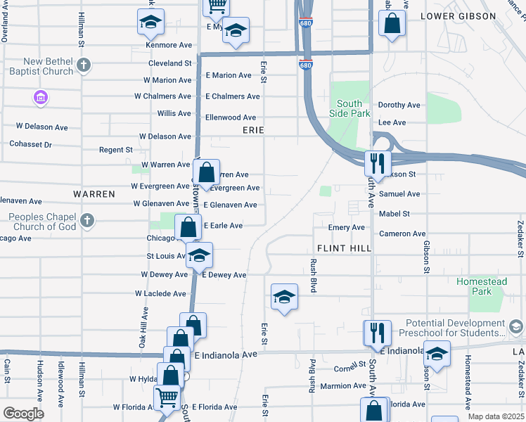 map of restaurants, bars, coffee shops, grocery stores, and more near 107 East Glenaven Avenue in Youngstown